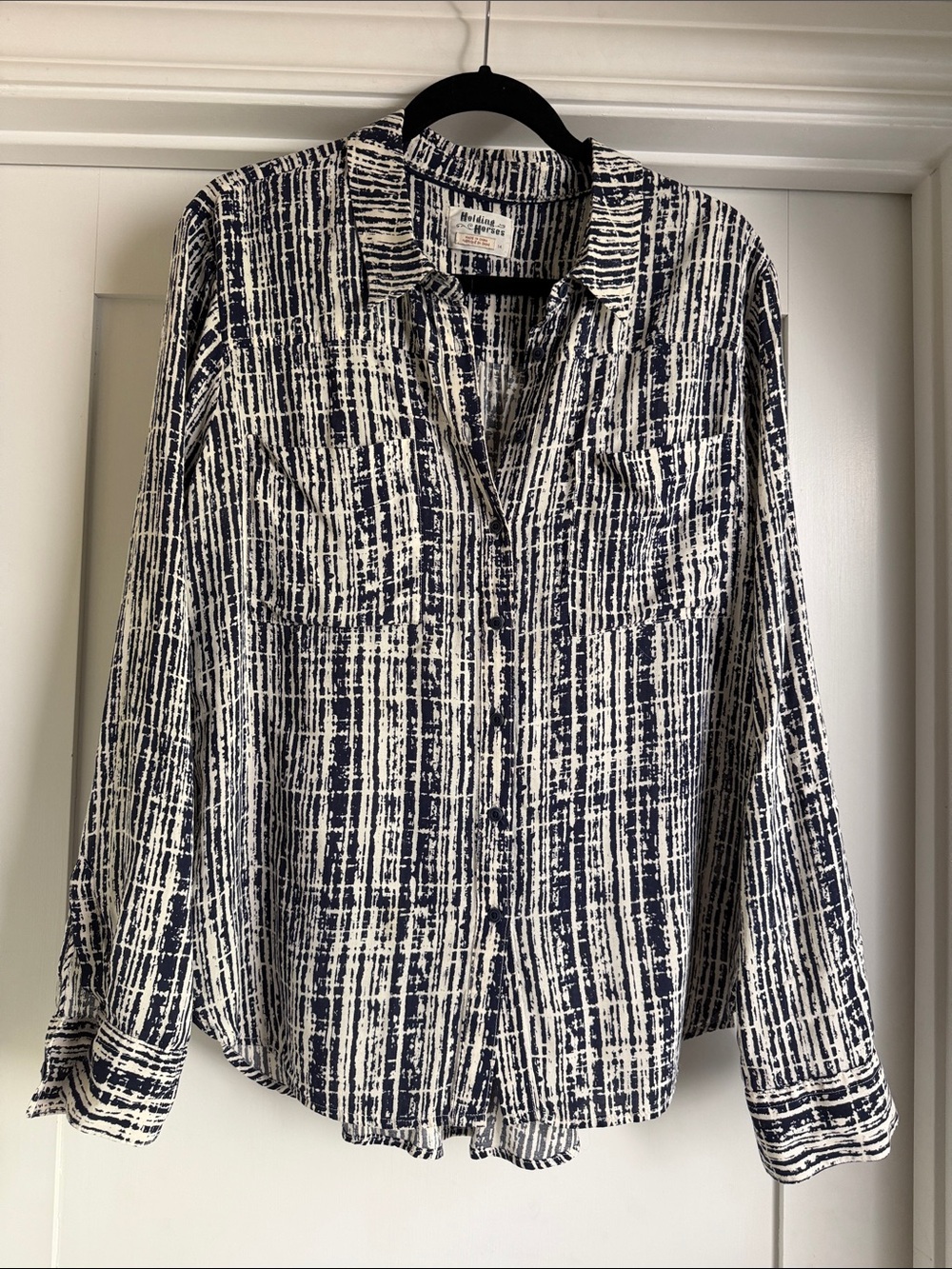 Anthropologie Navy and White Abstract Grid Button-Down Shirt